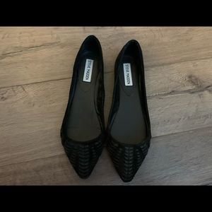NEW: Black Suede pointed toe flats with woven detail at front; Size 8.5